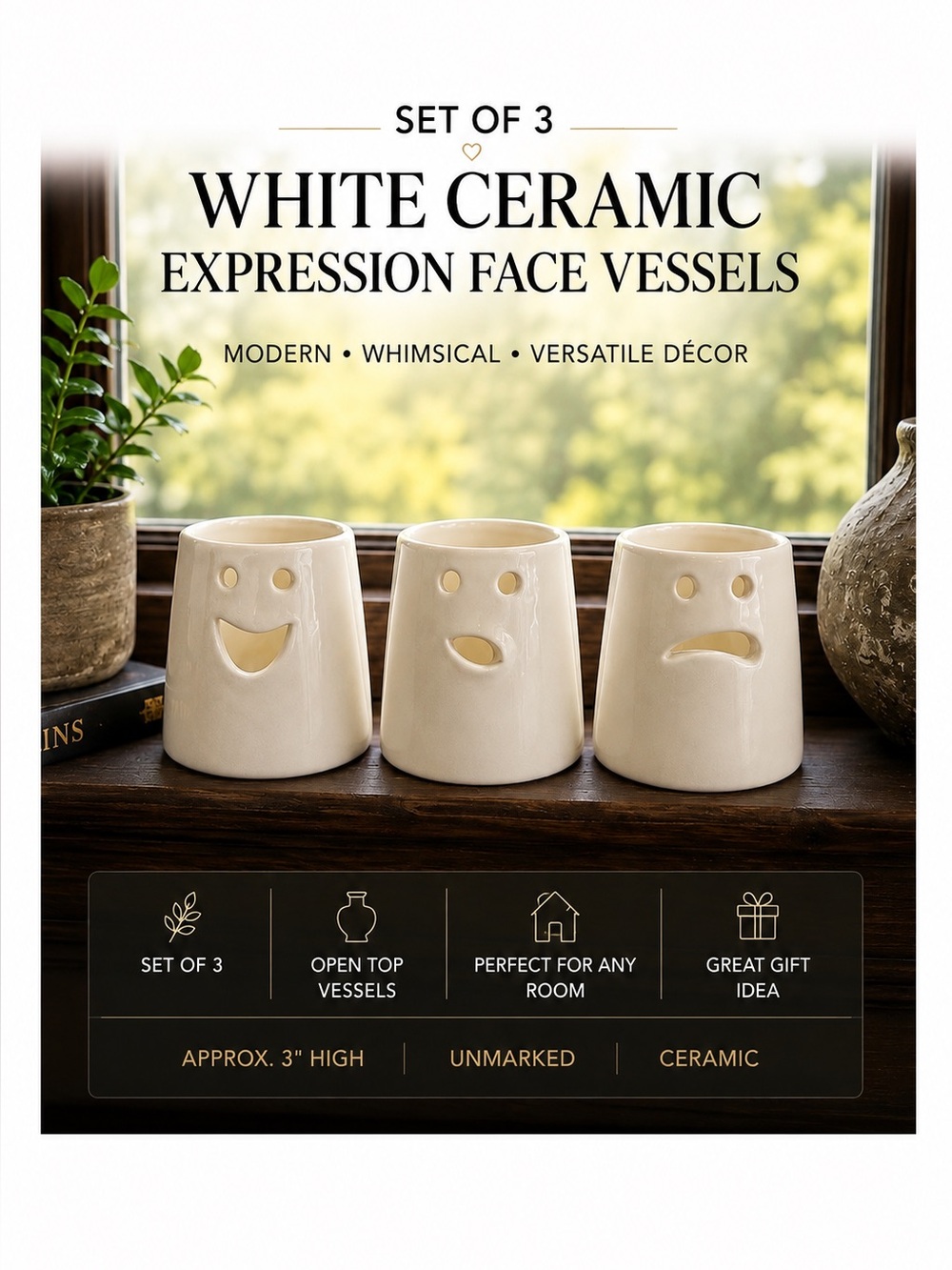 Set of 3 White Ceramic Expression Face Vases Whimsical Modern Deco